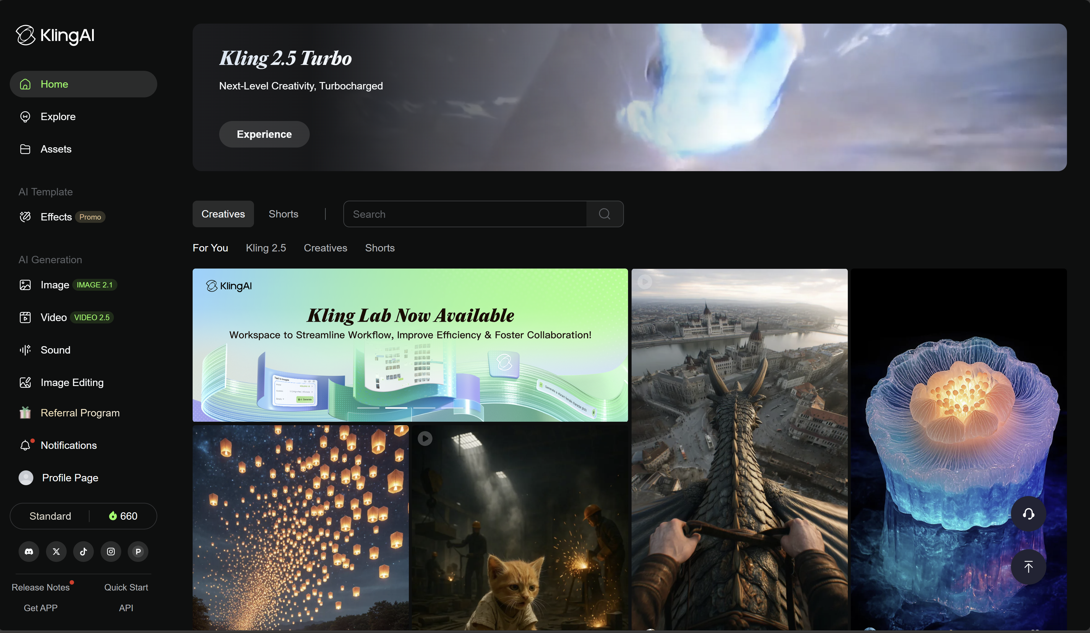 Kling AI — dashboard overview (file: capture-dashboard-klingai.png)