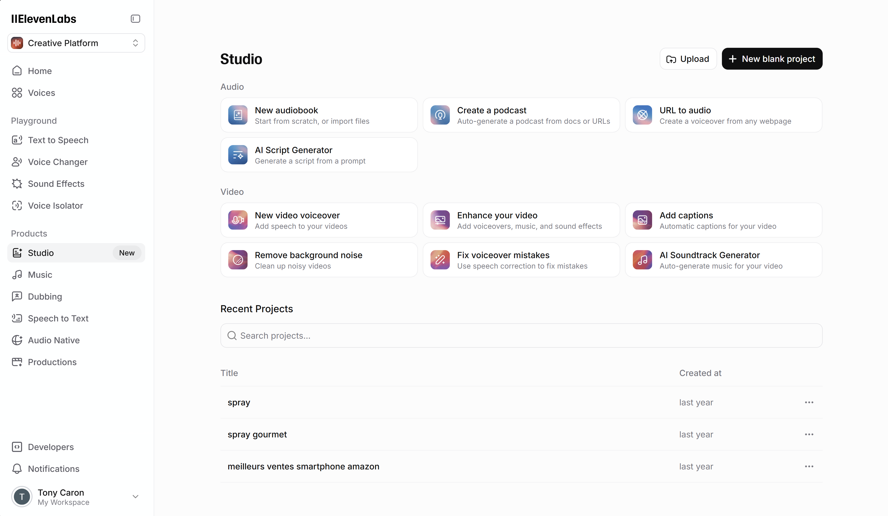 ElevenLabs dashboard