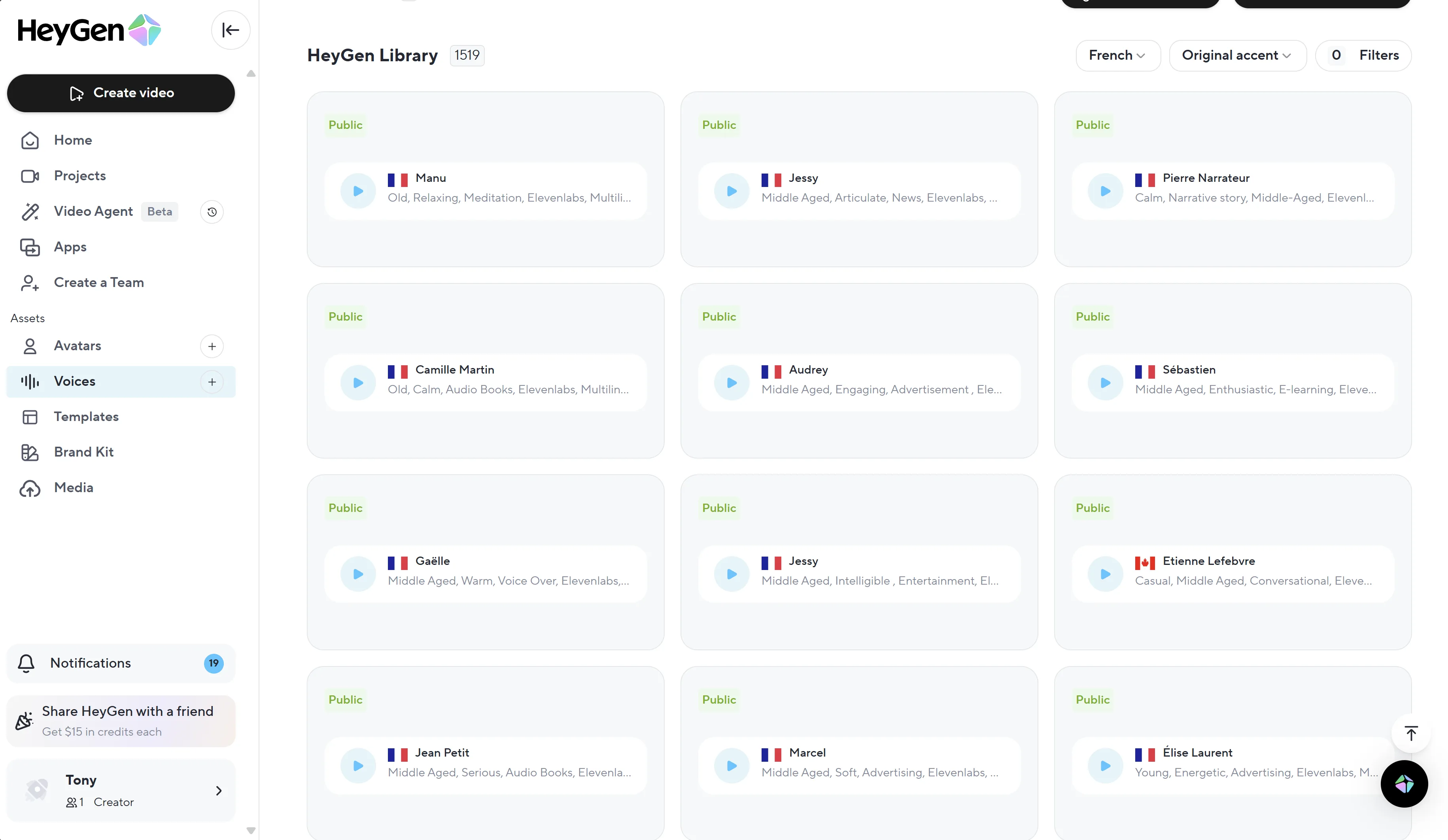 HeyGen voice options interface