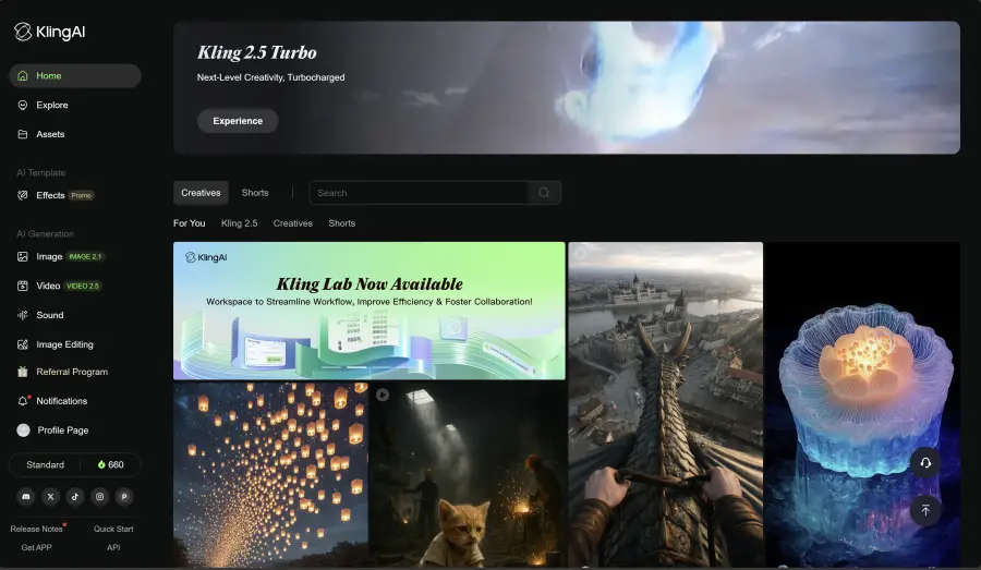 Kling dashboard interface